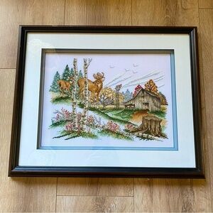 Vintage needlepoint crewel deer buck & doe professionally framed forest cabin